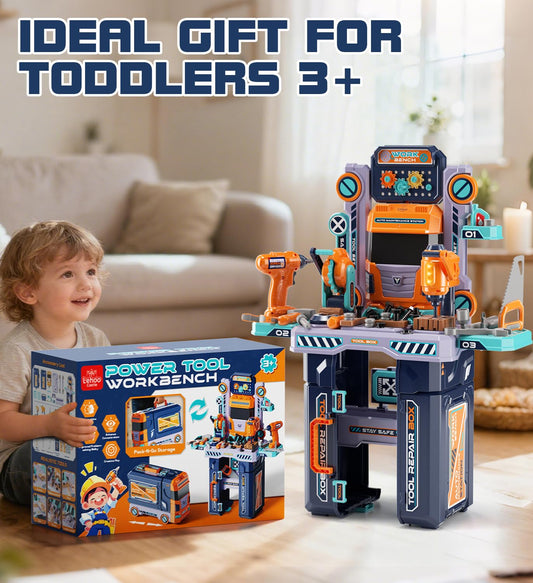 Lehoo Castle Werkbank Kinder 83cm Großformat, Transformierbarer LKW mit Elektrischem Werkzeug Bohrhammer mit Licht & Sound, Werkzeugkoffer Lernspielzeug, Geschenk für Jungen Mädchen ab 3 4 5 Jahren