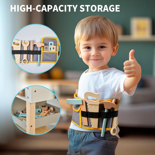 Kinder Werkzeug Bank, Holz Spiel Werkzeuge Set mit Kinder Werkzeug Gürtel Kleinkinder Werkbank Pretend BAU Werkzeuge Set Holz Spielzeug Bohrer Geschenk für Jungen, Mädchen Alter 3-9