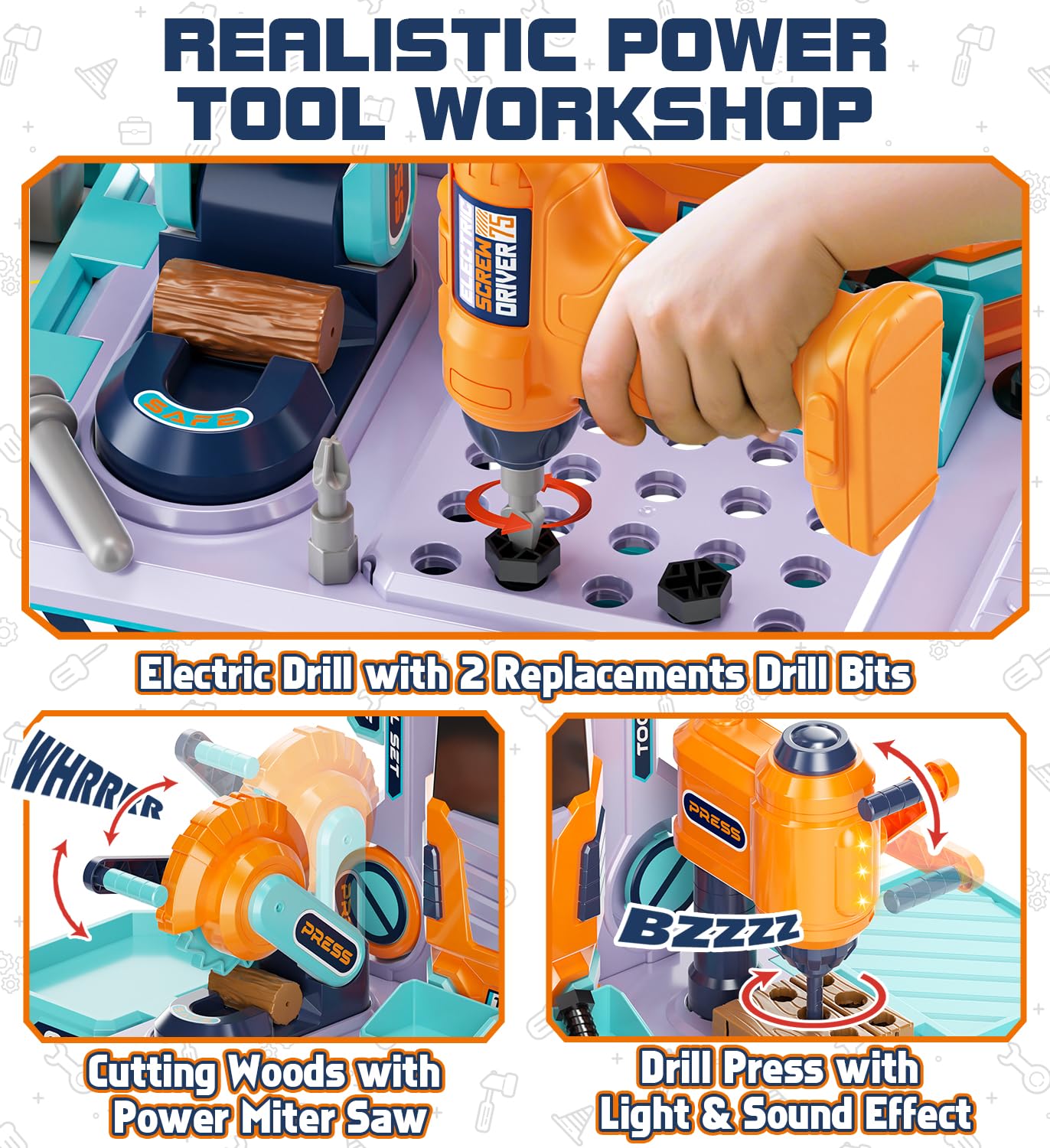 Lehoo Castle Werkbank Kinder 83cm Großformat, Transformierbarer LKW mit Elektrischem Werkzeug Bohrhammer mit Licht & Sound, Werkzeugkoffer Lernspielzeug, Geschenk für Jungen Mädchen ab 3 4 5 Jahren