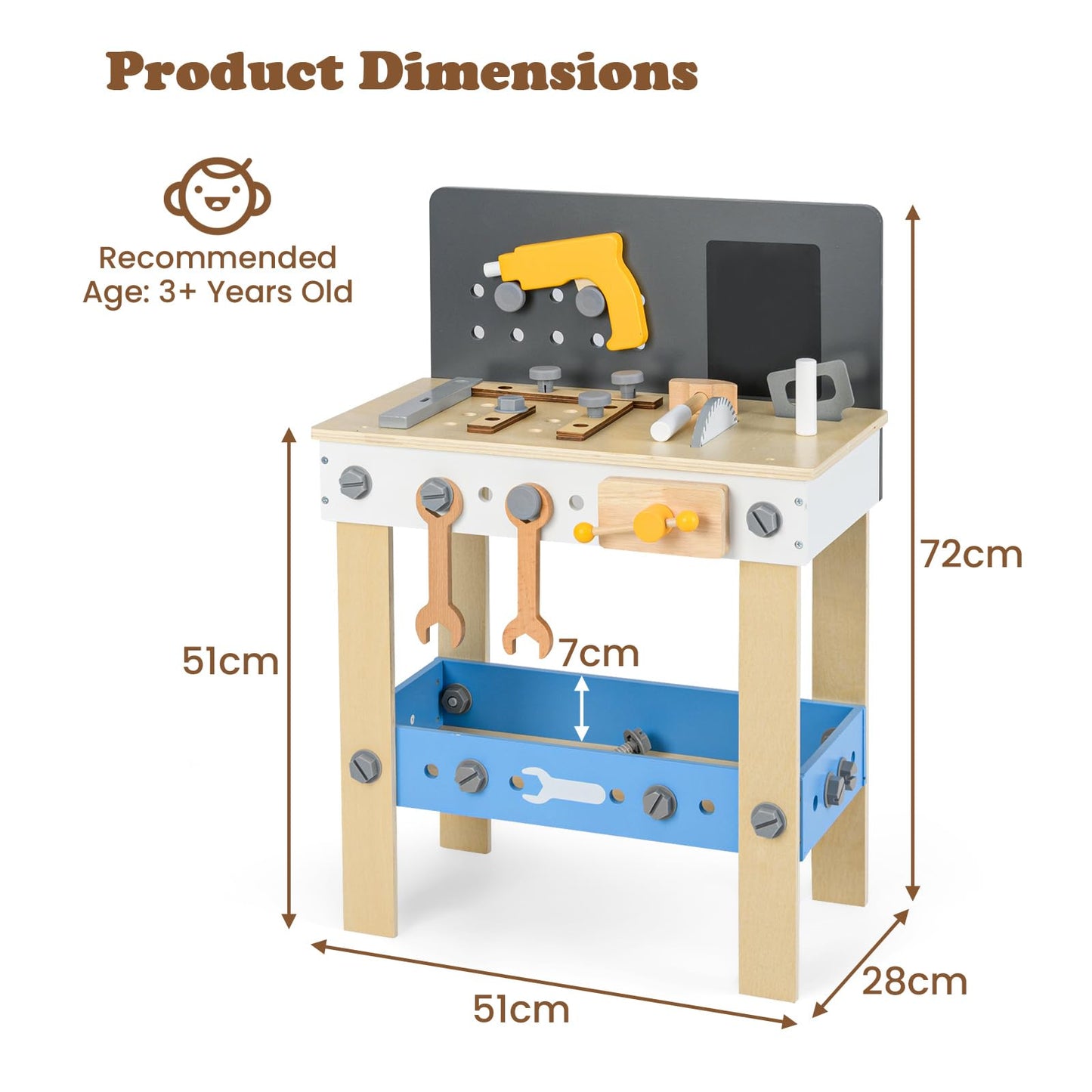 HOMASIS Werkzeugbank Kinder, Werkbank Spielwerkbank Holz, Werkstatt mit 50 TLG. Zubehör & Tafel & Arbeitsplatte & unteren Ablage, Spielzeug-Werkbank Kinderwerkbank ab 3 Jahre (51x28x72cm)