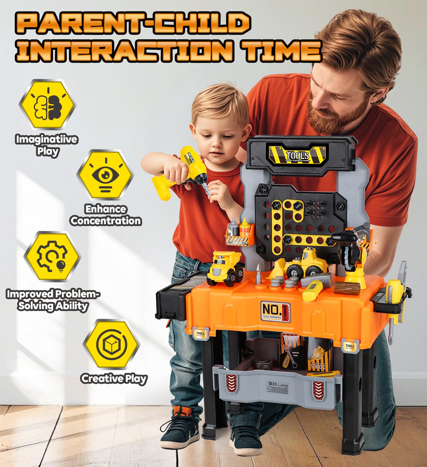 Lehoo Castle Werkbank für Kinder, Montessori Werkzeugkoffer mit Werkzeug Elektro-Bohrmaschine & 2 Auto Konstruktionsspielzeug, Geschenk ab 2 3 4 5 Jahre Junge