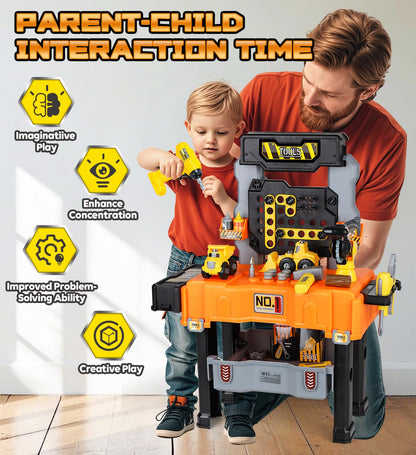 Lehoo Castle Werkbank für Kinder, Montessori Werkzeugkoffer mit Werkzeug Elektro-Bohrmaschine & 2 Auto Konstruktionsspielzeug, Geschenk ab 2 3 4 5 Jahre Junge