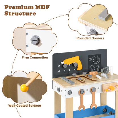 HOMASIS Werkzeugbank Kinder, Werkbank Spielwerkbank Holz, Werkstatt mit 50 TLG. Zubehör & Tafel & Arbeitsplatte & unteren Ablage, Spielzeug-Werkbank Kinderwerkbank ab 3 Jahre (51x28x72cm)
