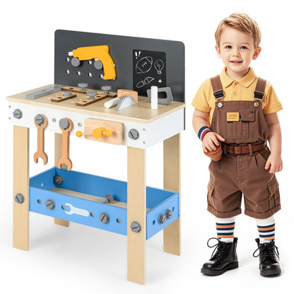 HOMASIS Werkzeugbank Kinder, Werkbank Spielwerkbank Holz, Werkstatt mit 50 TLG. Zubehör & Tafel & Arbeitsplatte & unteren Ablage, Spielzeug-Werkbank Kinderwerkbank ab 3 Jahre (51x28x72cm)