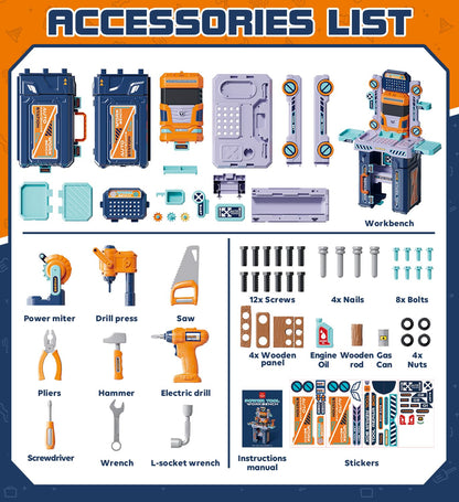 Lehoo Castle Werkbank Kinder 83cm Großformat, Transformierbarer LKW mit Elektrischem Werkzeug Bohrhammer mit Licht & Sound, Werkzeugkoffer Lernspielzeug, Geschenk für Jungen Mädchen ab 3 4 5 Jahren