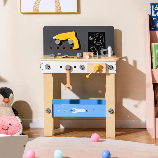 HOMASIS Werkzeugbank Kinder, Werkbank Spielwerkbank Holz, Werkstatt mit 50 TLG. Zubehör & Tafel & Arbeitsplatte & unteren Ablage, Spielzeug-Werkbank Kinderwerkbank ab 3 Jahre (51x28x72cm)