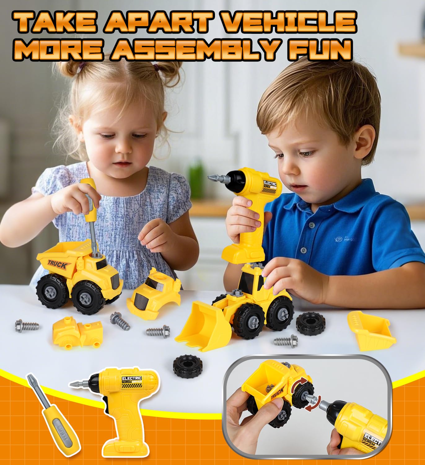 Lehoo Castle Werkbank für Kinder, Montessori Werkzeugkoffer mit Werkzeug Elektro-Bohrmaschine & 2 Auto Konstruktionsspielzeug, Geschenk ab 2 3 4 5 Jahre Junge