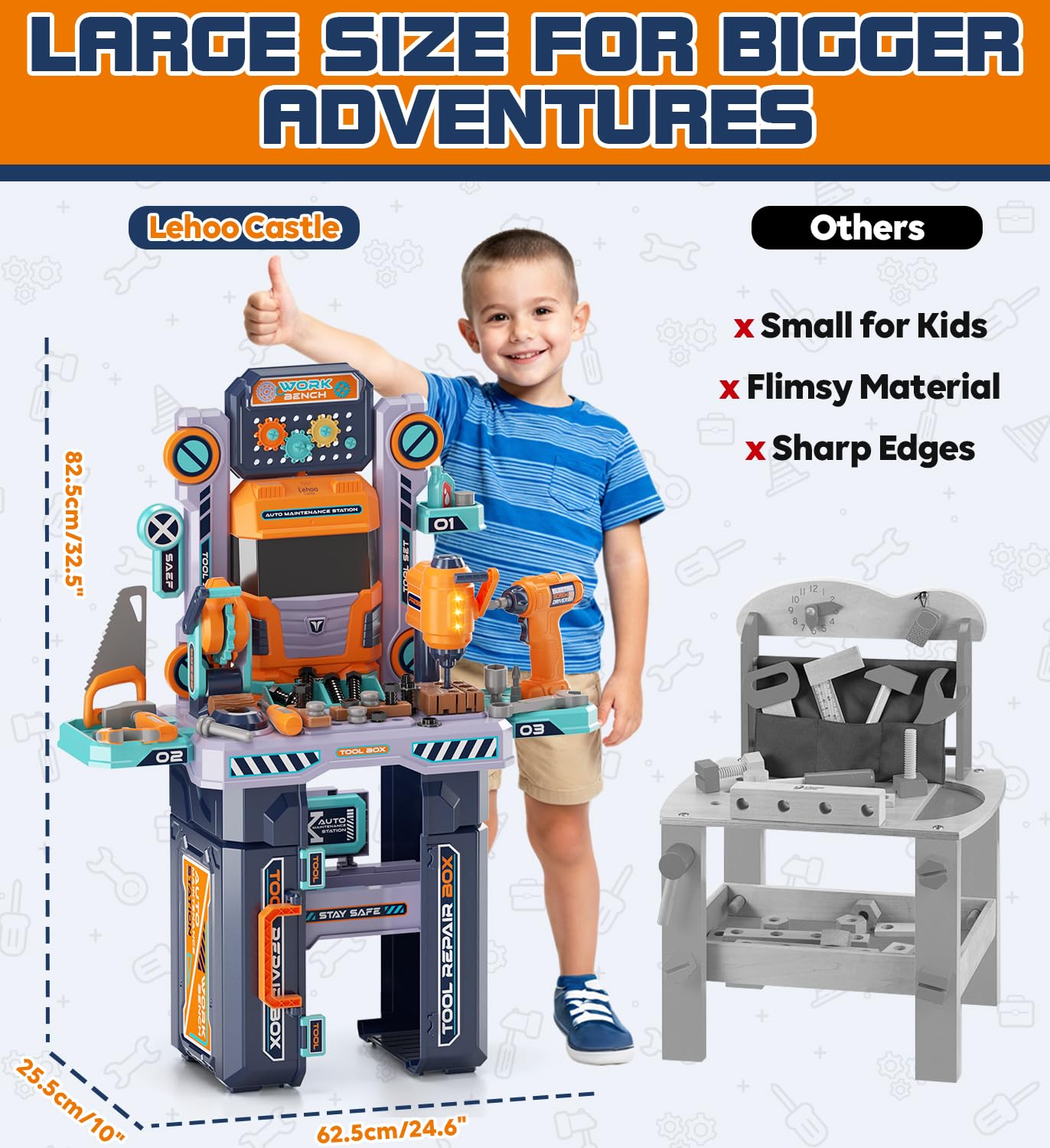 Lehoo Castle Werkbank Kinder 83cm Großformat, Transformierbarer LKW mit Elektrischem Werkzeug Bohrhammer mit Licht & Sound, Werkzeugkoffer Lernspielzeug, Geschenk für Jungen Mädchen ab 3 4 5 Jahren