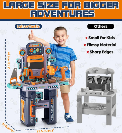 Lehoo Castle Werkbank Kinder 83cm Großformat, Transformierbarer LKW mit Elektrischem Werkzeug Bohrhammer mit Licht & Sound, Werkzeugkoffer Lernspielzeug, Geschenk für Jungen Mädchen ab 3 4 5 Jahren