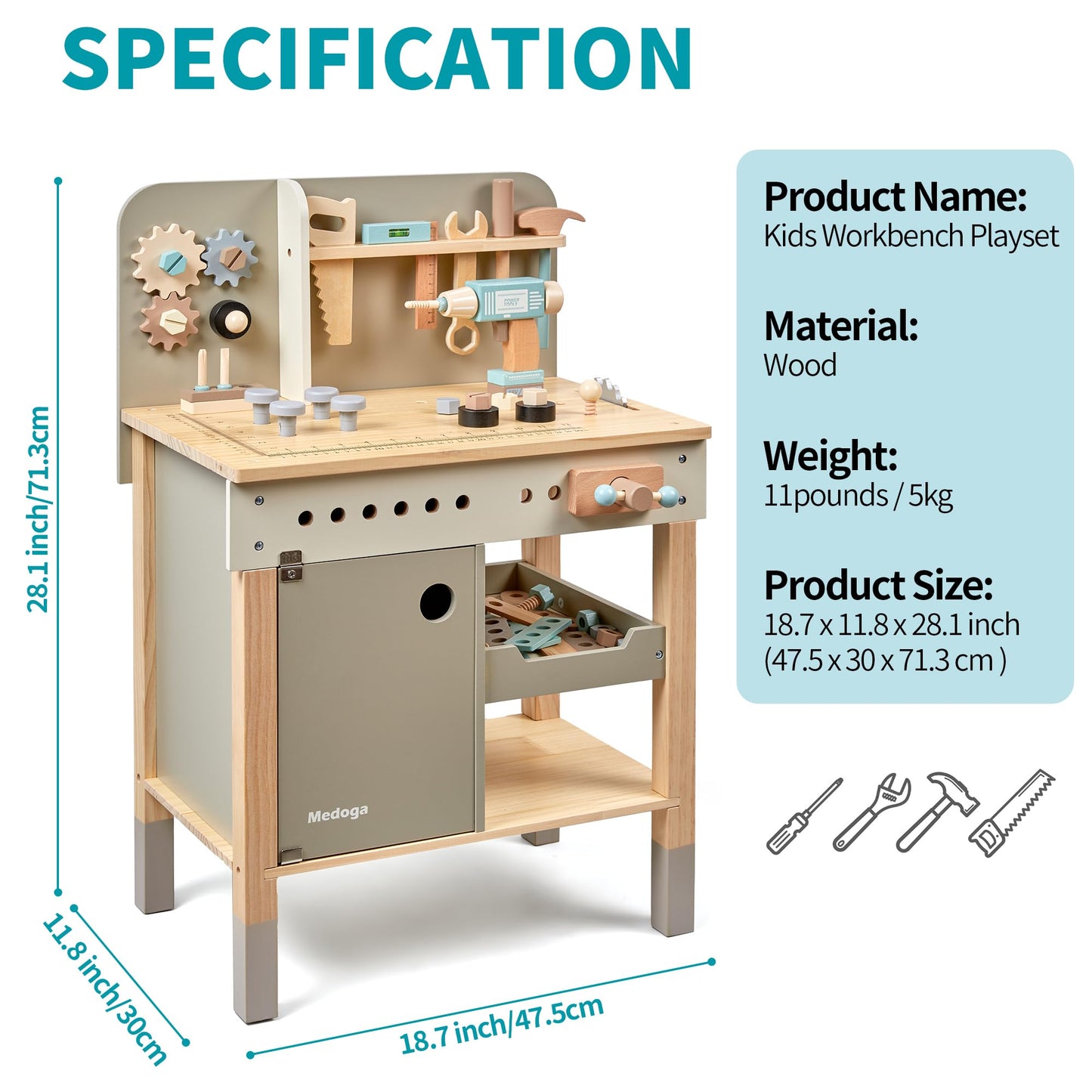 Kinder Werkzeug Bank, Holz Spiel Werkzeuge Set mit Kinder Werkzeug Gürtel Kleinkinder Werkbank Pretend BAU Werkzeuge Set Holz Spielzeug Bohrer Geschenk für Jungen, Mädchen Alter 3-9