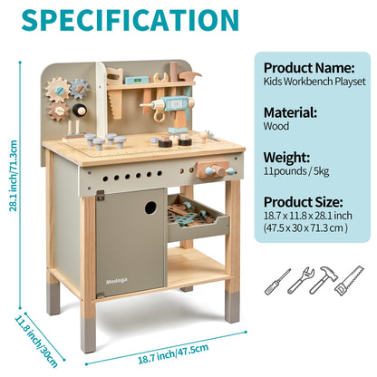 Kinder Werkzeug Bank, Holz Spiel Werkzeuge Set mit Kinder Werkzeug Gürtel Kleinkinder Werkbank Pretend BAU Werkzeuge Set Holz Spielzeug Bohrer Geschenk für Jungen, Mädchen Alter 3-9