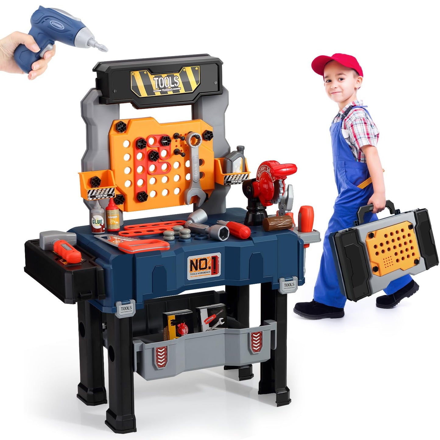 JOVOW Werkbank Kinder Werkzeug, 68-teilig transformierbares Werkzeugkoffer Set mit simulierter Bohrmaschine, Kinderwerkzeugkasten Rollenspiel Lernspiel Geschenk für Jungen und Mädchen 3-8 Jahren