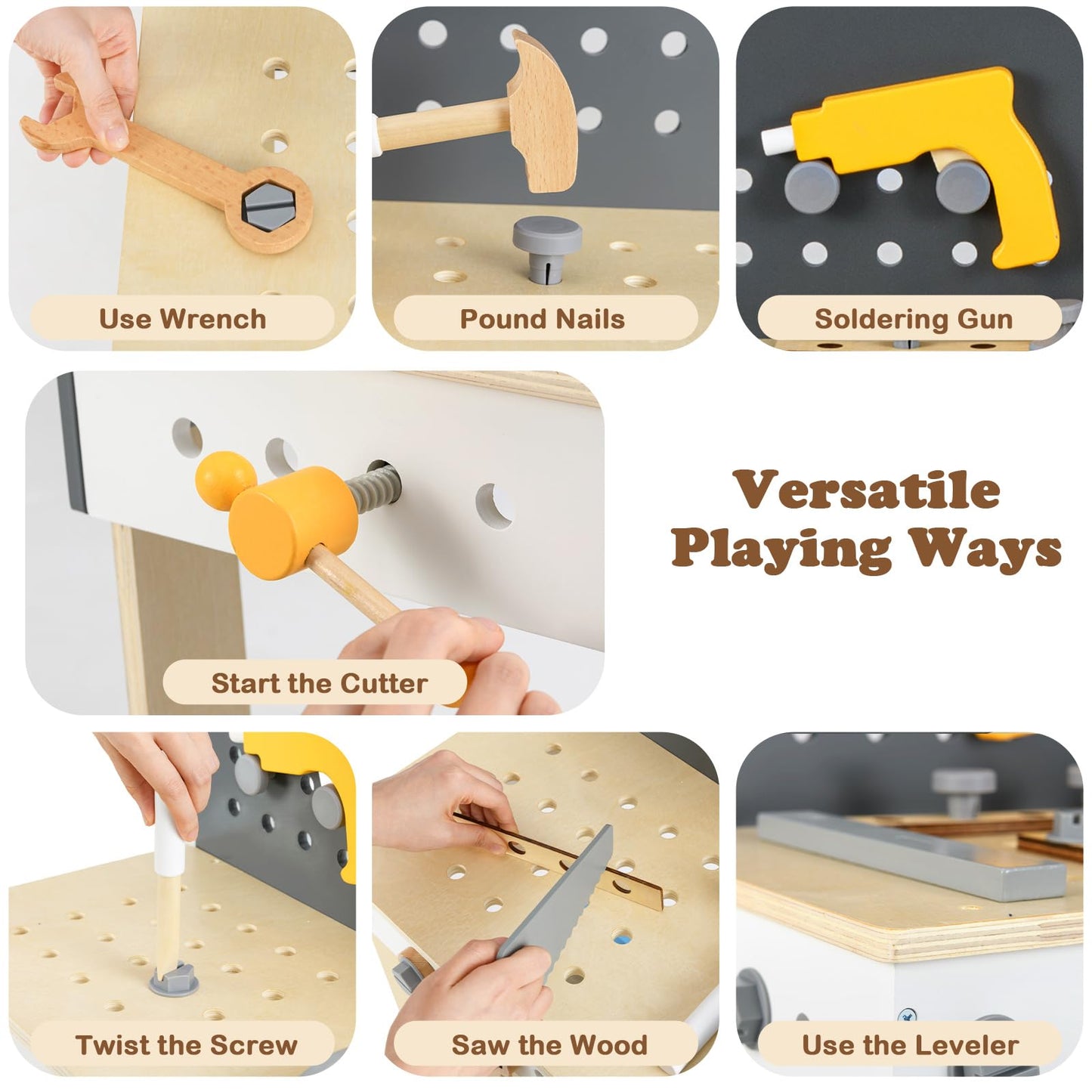 HOMASIS Werkzeugbank Kinder, Werkbank Spielwerkbank Holz, Werkstatt mit 50 TLG. Zubehör & Tafel & Arbeitsplatte & unteren Ablage, Spielzeug-Werkbank Kinderwerkbank ab 3 Jahre (51x28x72cm)