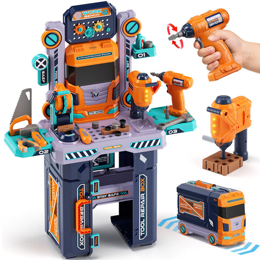 Lehoo Castle Werkbank Kinder 83cm Großformat, Transformierbarer LKW mit Elektrischem Werkzeug Bohrhammer mit Licht & Sound, Werkzeugkoffer Lernspielzeug, Geschenk für Jungen Mädchen ab 3 4 5 Jahren
