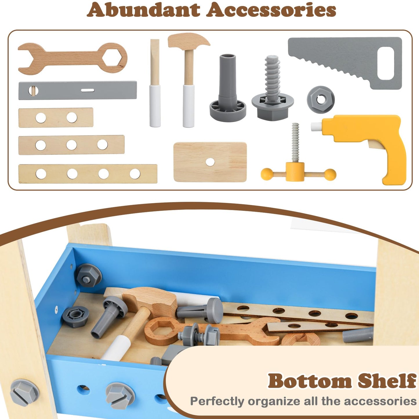 HOMASIS Werkzeugbank Kinder, Werkbank Spielwerkbank Holz, Werkstatt mit 50 TLG. Zubehör & Tafel & Arbeitsplatte & unteren Ablage, Spielzeug-Werkbank Kinderwerkbank ab 3 Jahre (51x28x72cm)