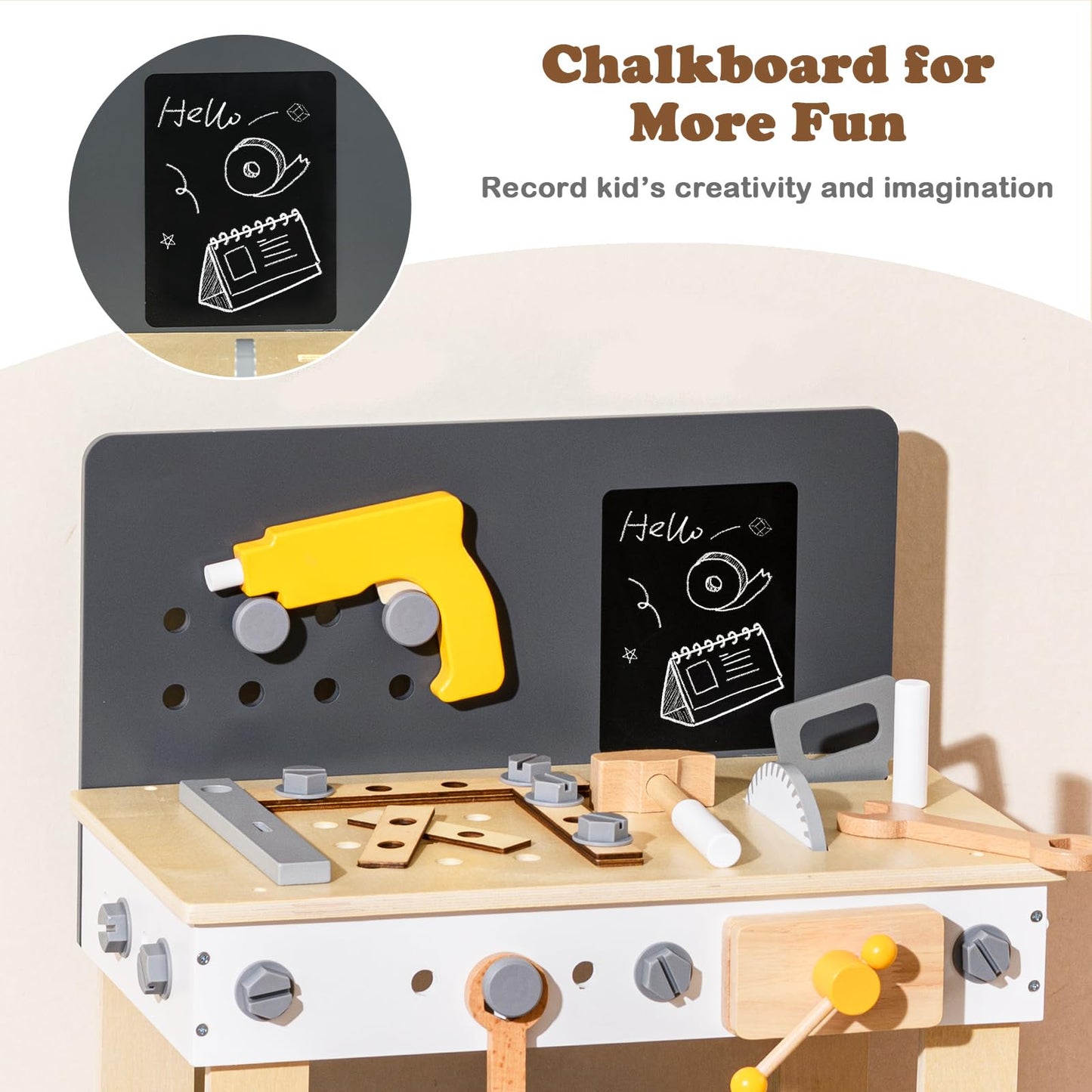 HOMASIS Werkzeugbank Kinder, Werkbank Spielwerkbank Holz, Werkstatt mit 50 TLG. Zubehör & Tafel & Arbeitsplatte & unteren Ablage, Spielzeug-Werkbank Kinderwerkbank ab 3 Jahre (51x28x72cm)