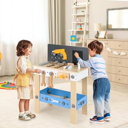 HOMASIS Werkzeugbank Kinder, Werkbank Spielwerkbank Holz, Werkstatt mit 50 TLG. Zubehör & Tafel & Arbeitsplatte & unteren Ablage, Spielzeug-Werkbank Kinderwerkbank ab 3 Jahre (51x28x72cm)