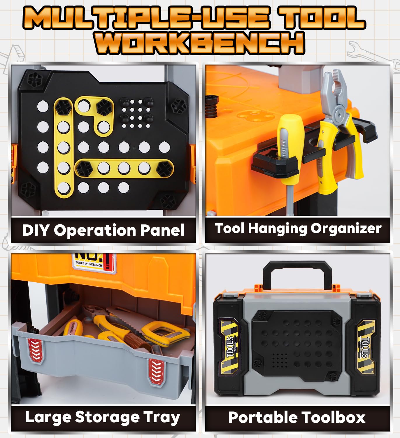 Lehoo Castle Werkbank für Kinder, Montessori Werkzeugkoffer mit Werkzeug Elektro-Bohrmaschine & 2 Auto Konstruktionsspielzeug, Geschenk ab 2 3 4 5 Jahre Junge