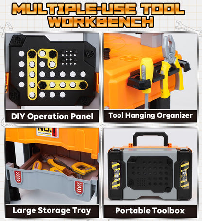 Lehoo Castle Werkbank für Kinder, Montessori Werkzeugkoffer mit Werkzeug Elektro-Bohrmaschine & 2 Auto Konstruktionsspielzeug, Geschenk ab 2 3 4 5 Jahre Junge