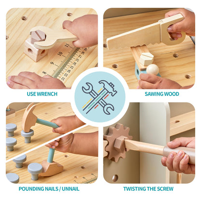 Kinder Werkzeug Bank, Holz Spiel Werkzeuge Set mit Kinder Werkzeug Gürtel Kleinkinder Werkbank Pretend BAU Werkzeuge Set Holz Spielzeug Bohrer Geschenk für Jungen, Mädchen Alter 3-9