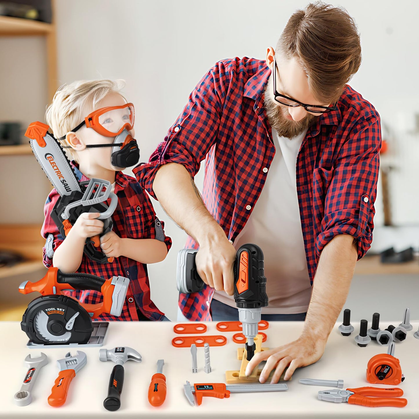 Vanplay Werkzeugkoffer Kinder Spielzeug ab 3 Jahre Werkzeug Kinder mit Motorsäge, Elektrische Bohrmaschine,Kreissäge, Kinderspielzeug ab 3 4 5 6 Jahre