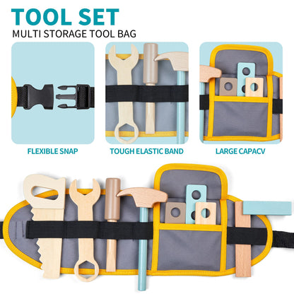 Kinder Werkzeug Bank, Holz Spiel Werkzeuge Set mit Kinder Werkzeug Gürtel Kleinkinder Werkbank Pretend BAU Werkzeuge Set Holz Spielzeug Bohrer Geschenk für Jungen, Mädchen Alter 3-9