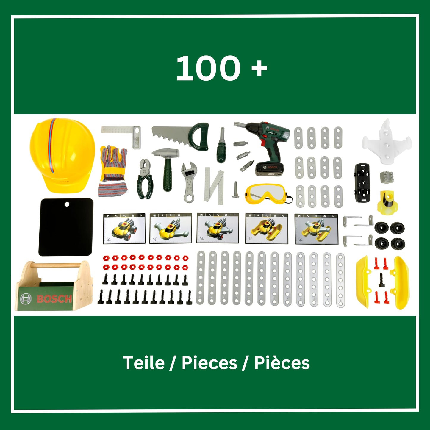 Theo Klein 8734 Bosch Holzwerkbank I Robuste Kinderwerkbank, höhenverstellbar I Elektr. Akkuschrauber, Werkzeuge mit Licht und Sound I Spielzeug für Kinder ab 3 Jahren