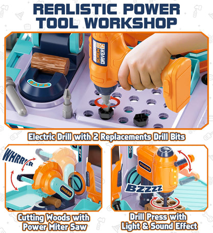 Lehoo Castle Werkbank Kinder 83cm Großformat, Transformierbarer LKW mit Elektrischem Werkzeug Bohrhammer mit Licht & Sound, Werkzeugkoffer Lernspielzeug, Geschenk für Jungen Mädchen ab 3 4 5 Jahren